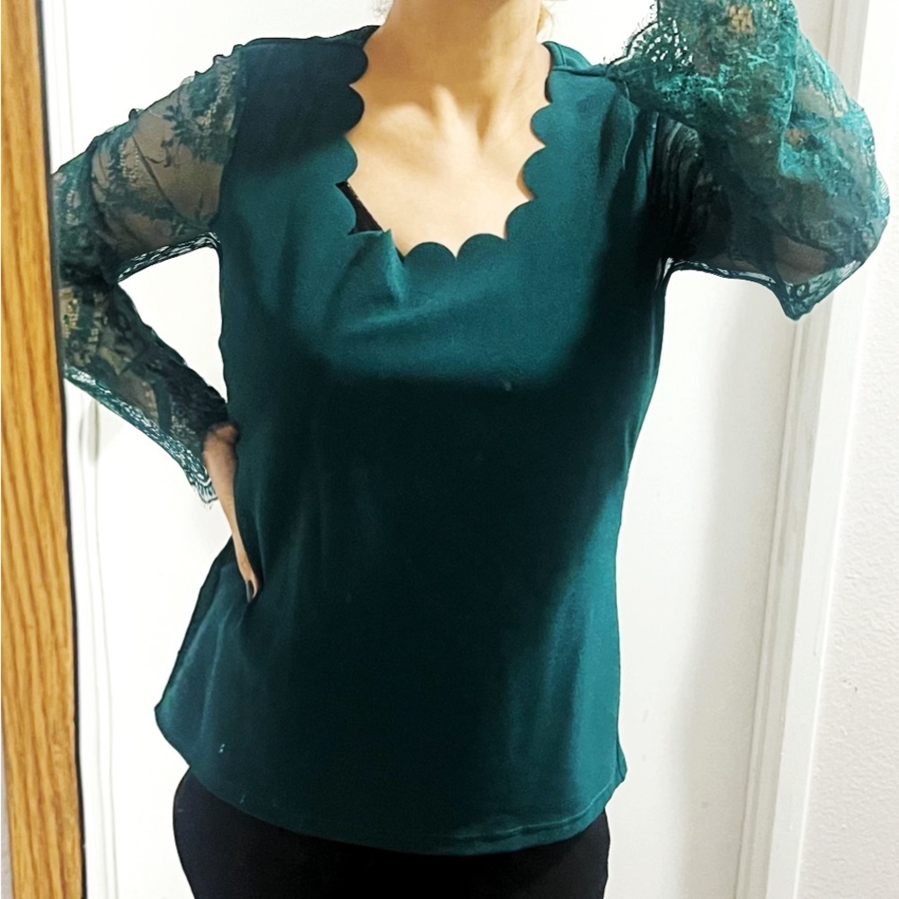 BIG SALE(5 for $20)- Teal Scalloped Lace Blouse